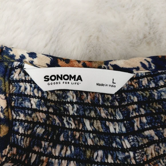 New Sonoma Blue Floral Elastic Scoop Neck Long Sleeves Blouse P600 - Picture 6 of 9